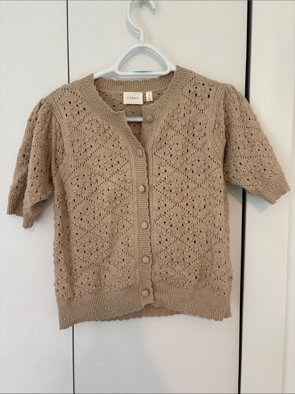 Cyrus Short-Sleeve Eyelet Knit Cardigan - Tan
